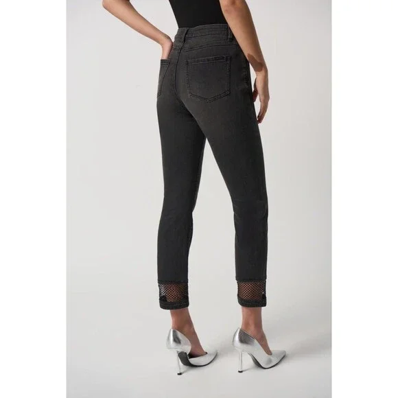 Joseph Ribkoff Women 22 Charcoal Grey Embellished FishNet Cuff Classic Slim Jean - Picture 4 of 15